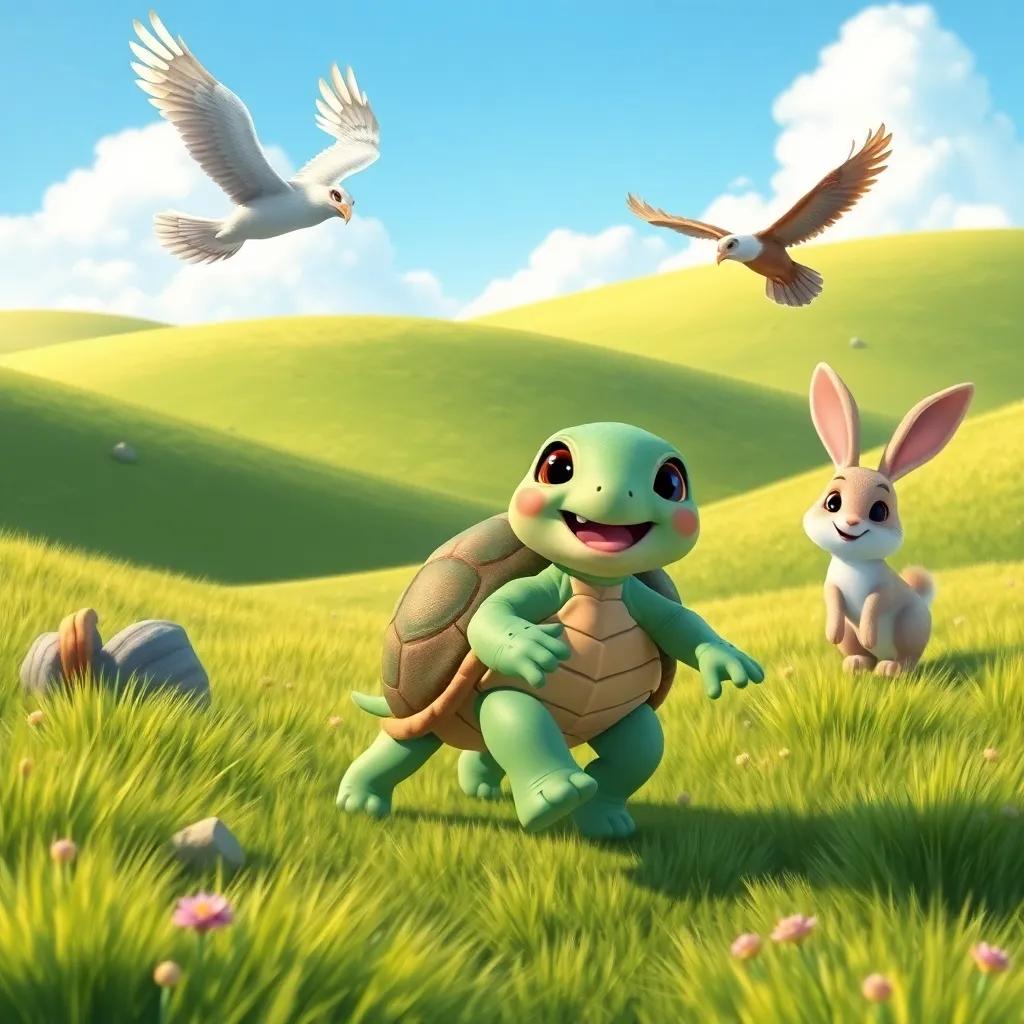Tula the turtle joyfully walking through green meadows and soft hills, making friends with an eagle flying high and a happy rabbit jumping around, bright and colorful landscape, cheerful atmosphere, detailed illustration
