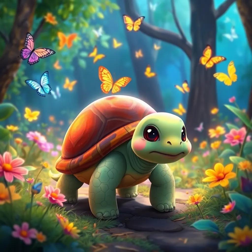 Tula the turtle walking through an enchanted forest filled with colorful butterflies fluttering around, some colorful flowers in the background, friendly and magical vibe, vibrant colors, digital painting