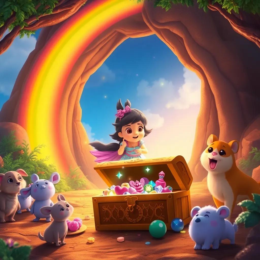 Tula reaching a magical place where a rainbow touches the ground, discovering an ancient treasure chest with sparkling jewels and tasty sweets, surrounded by amazed animals, enchanting scene, warm light, magical feeling, high quality