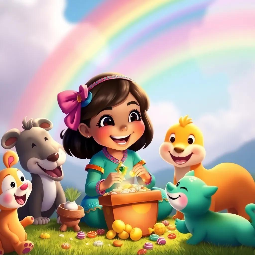 Tula, happily sharing her treasure with her new friends under the rainbow, with joyful animals around, having fun together with sweets and laughter, colorful and heartwarming, uplifting scene, vibrant colors