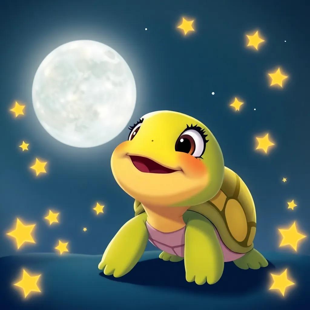 Tula the turtle, with a big smile, gazing excitedly at the full moon, surrounded by twinkling stars, setting the scene for a magical night, illustration, colorful, serene, child-friendly
