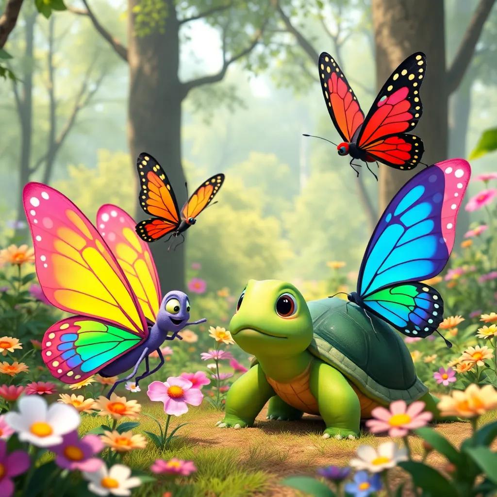 A group of vibrant butterflies, sleek and colorful, offering help to Tula the turtle, with the forest in the background filled with flowers and green trees, cheerful and lively, bright colors