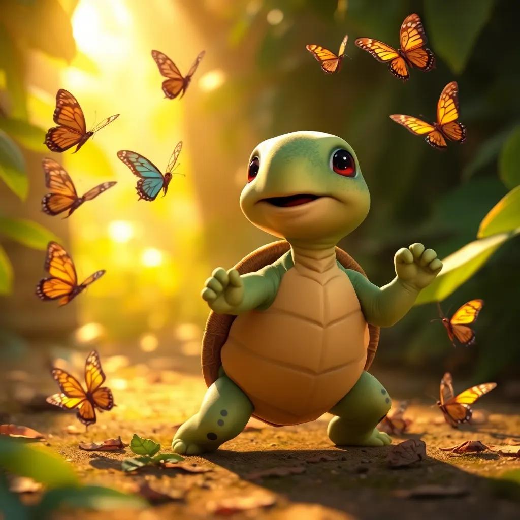 Tula the turtle practicing to dance, surrounded by the butterflies showing her how to move gracefully, joyful expressions on their faces, warm sunlight filtering through the leaves, charming and uplifting