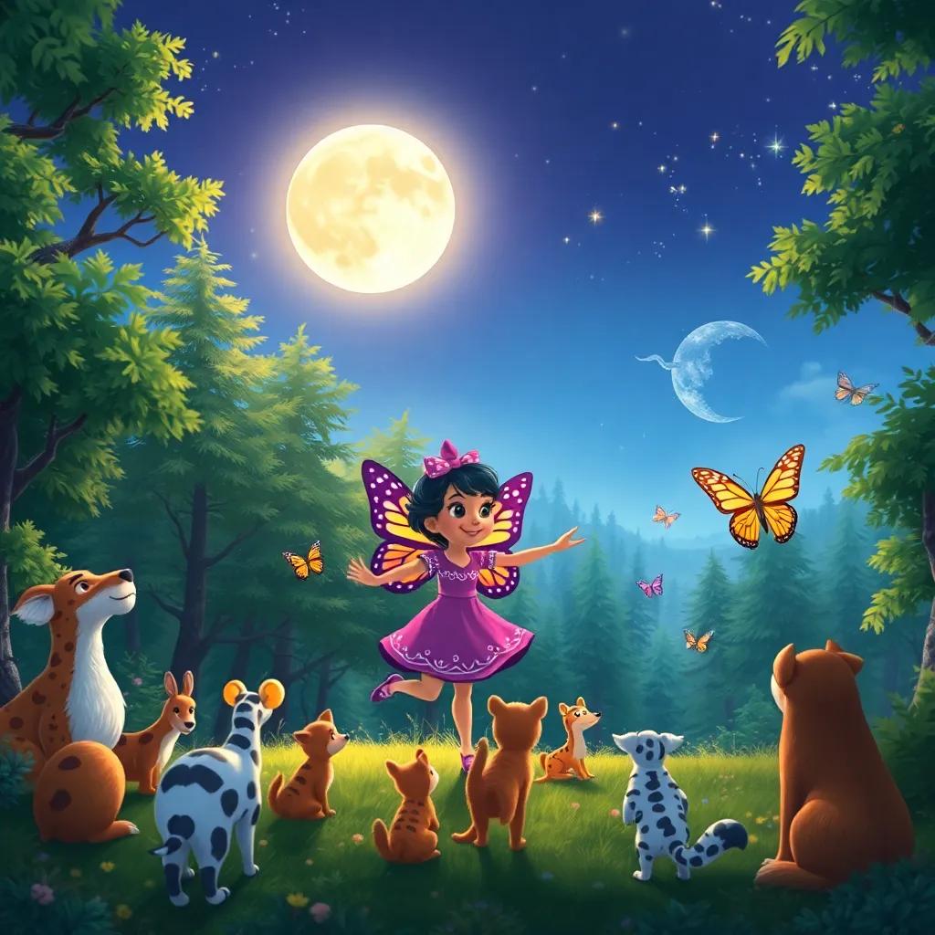 The enchanting moon shining bright over Tula and her butterfly friends as they dance together in the forest, animals gathering to watch, magical and festive atmosphere, high-quality illustration