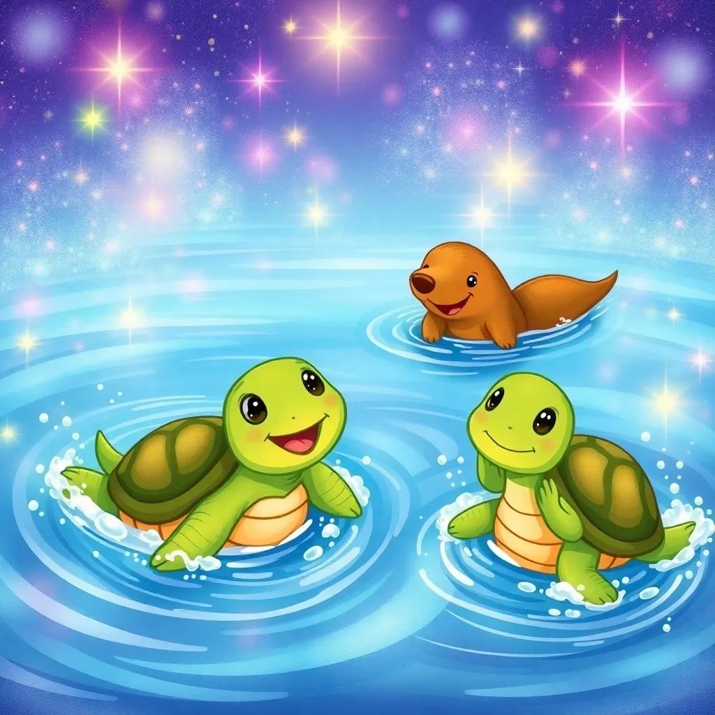 A joyful scene of Tina the turtle, Carlito the capybara, a playful capybara with fluffy fur and a happy expression, and Tula the turtle, another green turtle, splashing in a magical lake that sparkles with colorful waters and shimmering lights, illustration, cheerful, playful, child-friendly