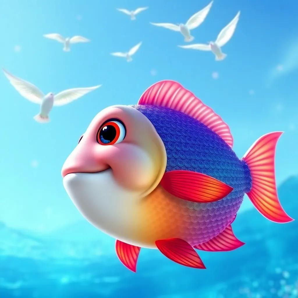 A colorful fish named Pipo with shiny scales swimming in a bright blue ocean, looking up at flying birds in a clear blue sky, magical atmosphere, cheerful, digital art, vibrant colors.