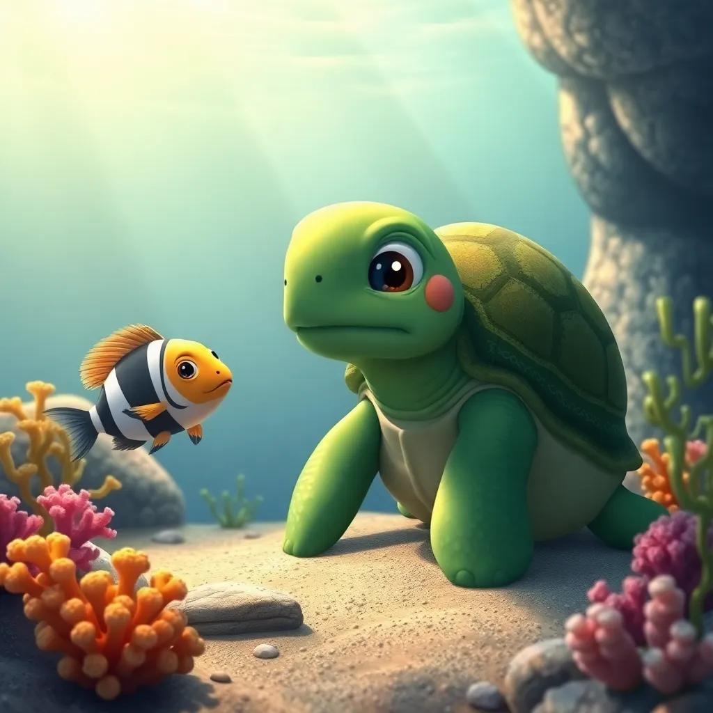 A wise turtle named Tula, with a green shell and kind eyes, sitting on the ocean floor, talking to Pipo, the fish, surrounded by coral and sea plants, friendly environment, digital art, warm colors, engaging scene.