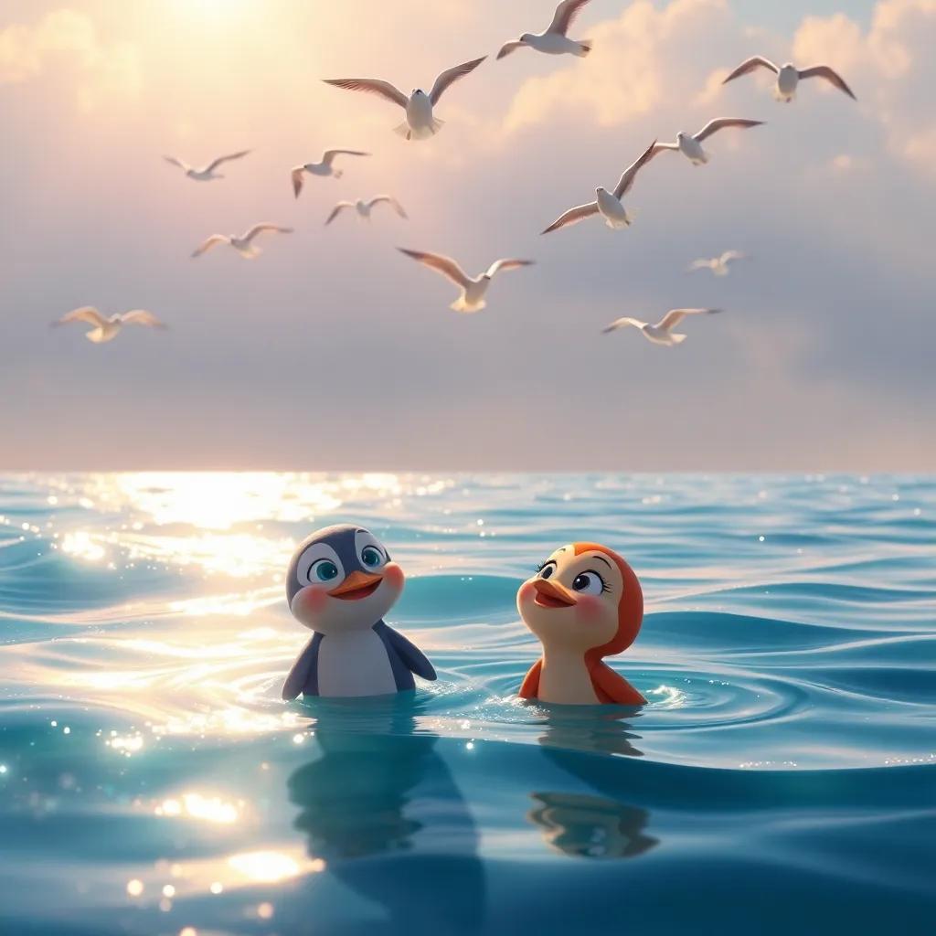 Tula and Pipo at the ocean surface, with sunlight sparkling on the water, as a flock of birds flies above, looking down curiously, whimsical mood, bright colors, digital painting, high quality, inspiring scene.
