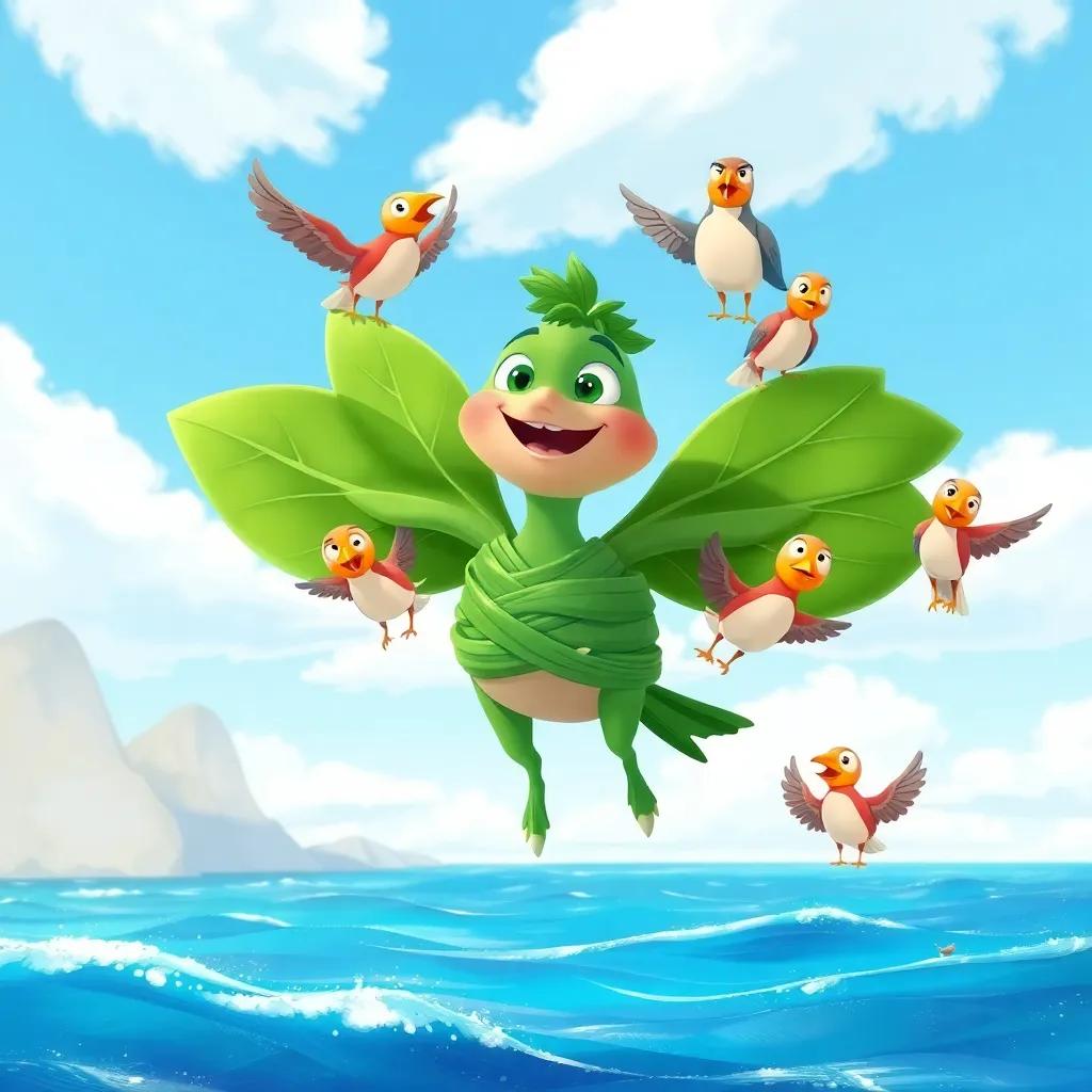 Pipo with large green leaves tied to his body, resembling wings, with several friendly birds surrounding him, preparing to take flight over a beautiful ocean landscape, colorful and joyful atmosphere, cheerful illustration, heartwarming.