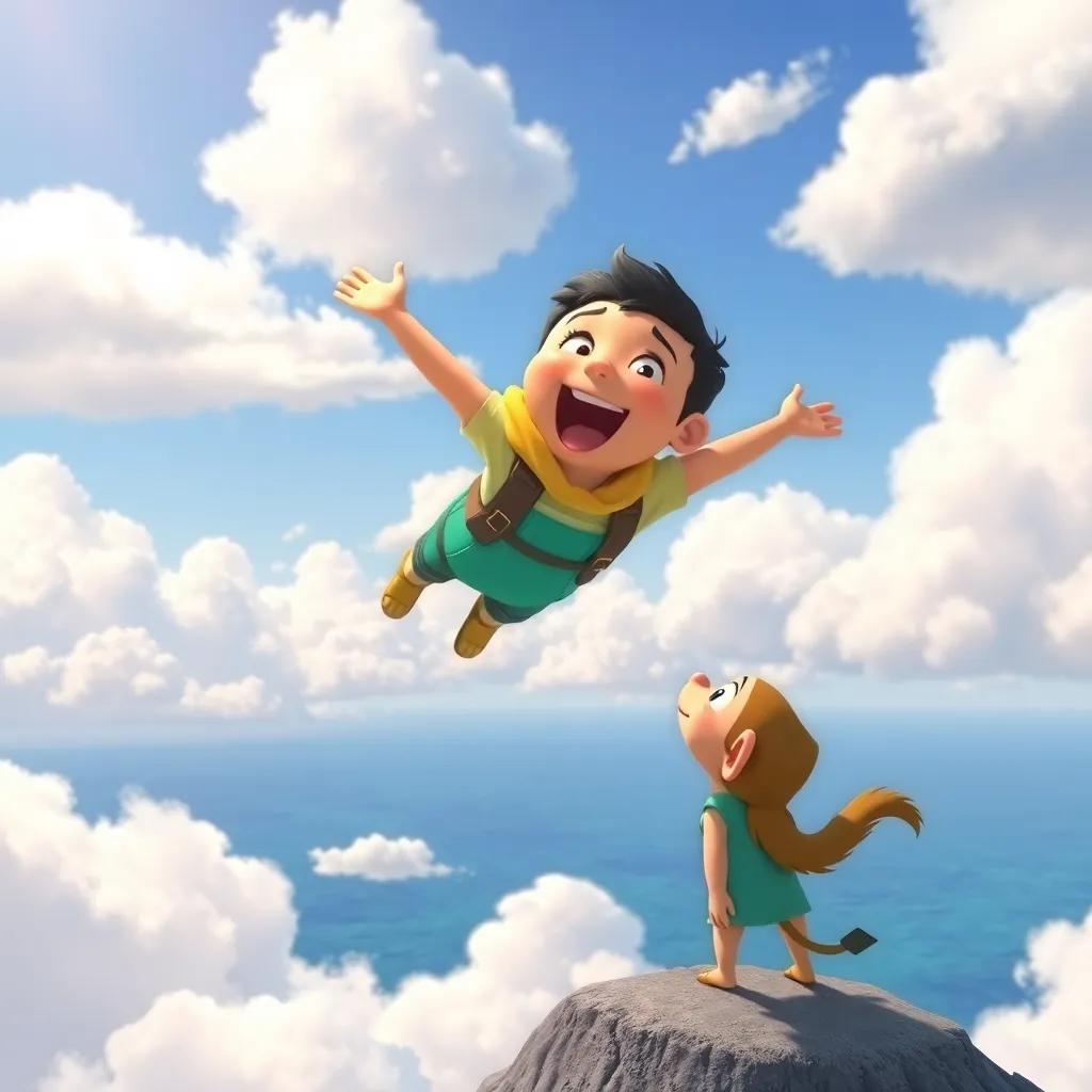 Pipo soaring high in the sky among fluffy clouds, expressing joy and freedom, with Tula watching from below, the ocean visible in the background, uplifting scene, vibrant colors, child-friendly, high quality, adventure.