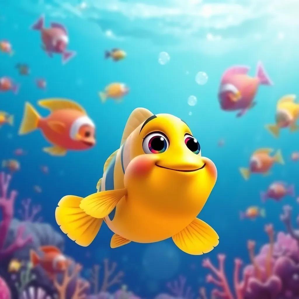 A bright blue ocean scene with colorful fish swimming, showcasing a joyful little fish named Peque dreaming of flying in the sky, digital art, vibrant colors, cheerful mood, high quality