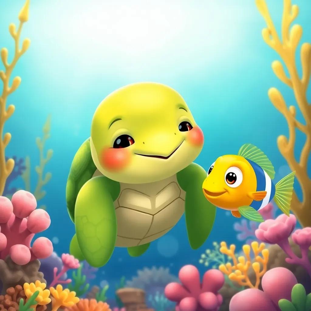 A wise turtle named Tula, with green skin and a gentle smile, talking to Peque the fish, surrounded by beautiful coral and ocean plants, illustration, warm colors, friendly atmosphere, child-friendly