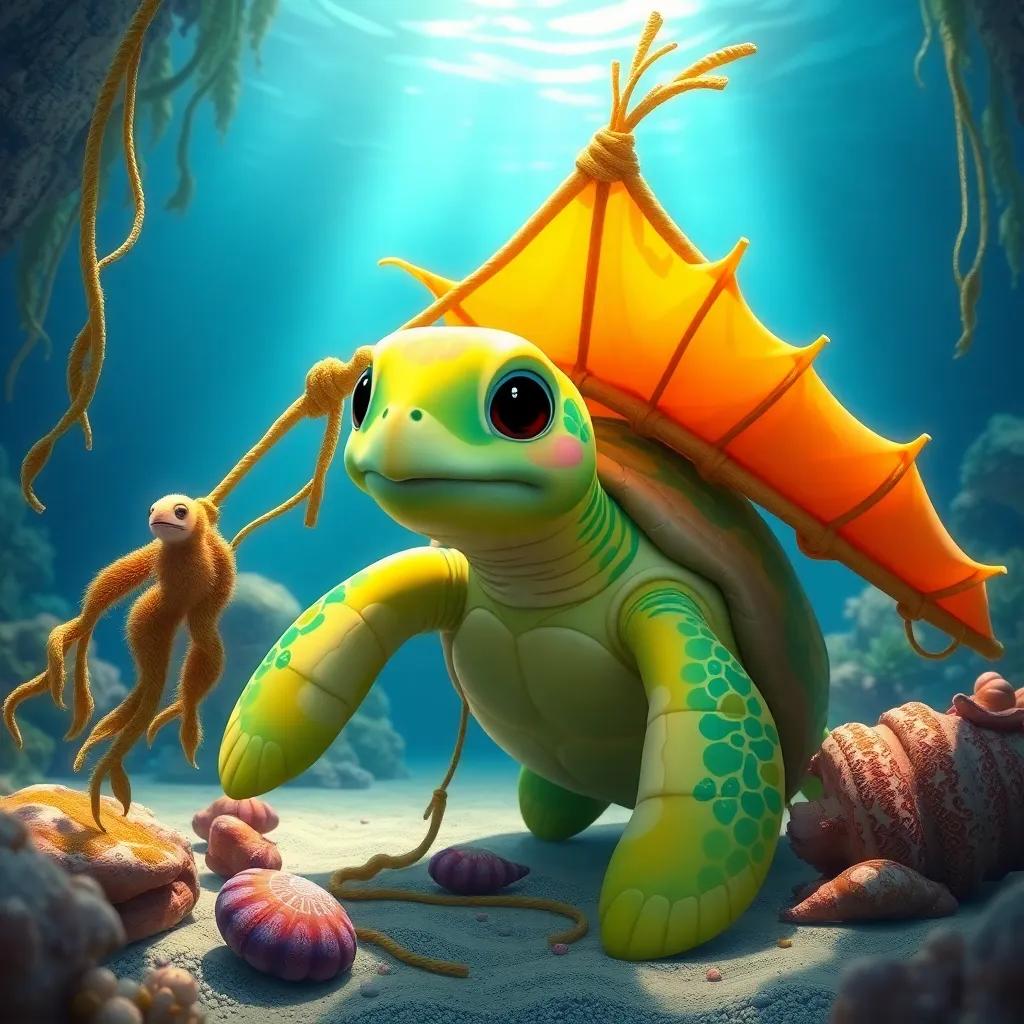 A colorful sea turtle named Tula, building a large kite with seaweed and shells, in an underwater workshop with light filtering through the ocean, whimsical style, detailed discovery, adventure-themed