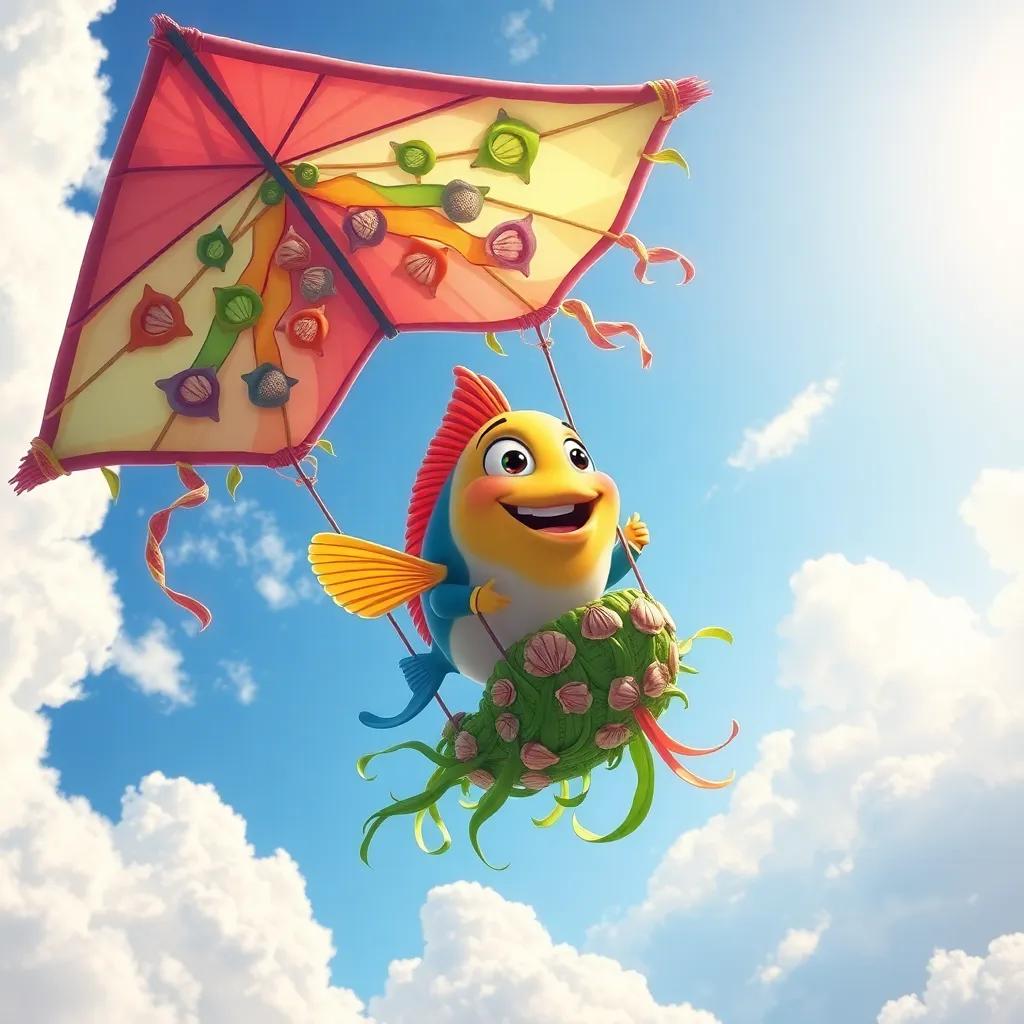 Peque the fish, sitting on a beautiful colorful kite made of seaweed and shells, soaring through a bright sky filled with clouds and sunshine, thrilling moment, digital painting, dynamic angle, uplifting scene