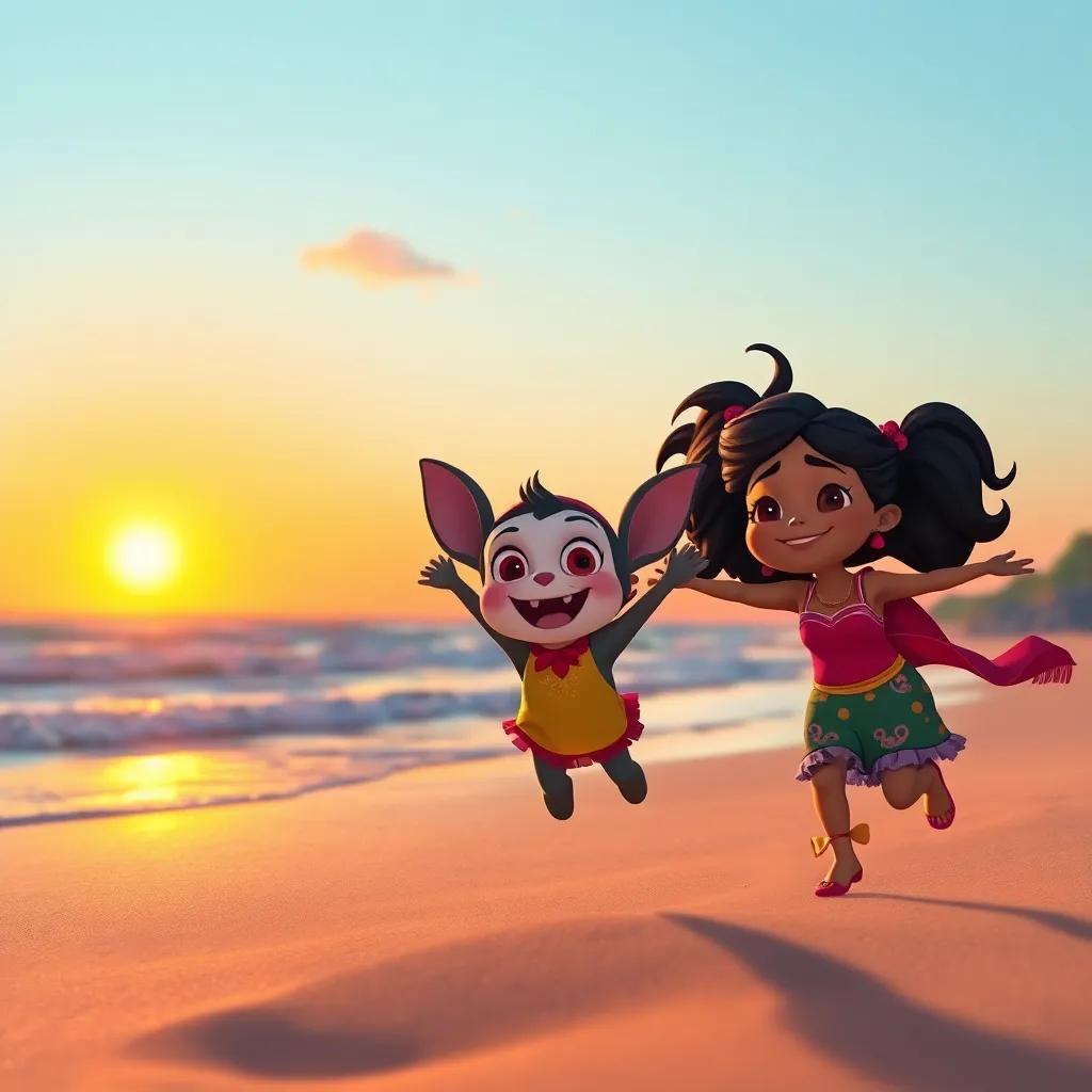 Peque and Tula happily landing on a sandy beach after their adventure, with the sun setting in the background and a warm glow on their faces, joyful celebration, rich colors, heartwarming touch