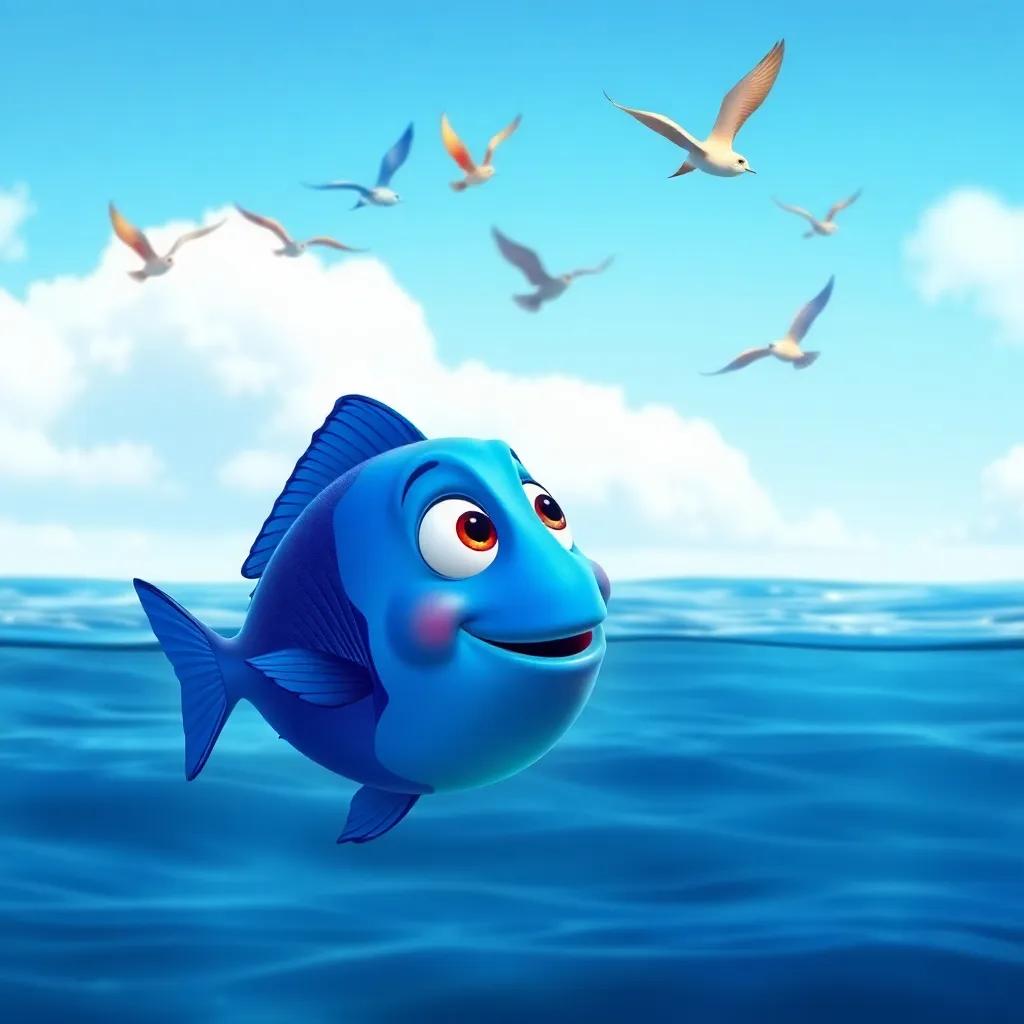 A shiny blue fish named Paco, swimming near the ocean surface, gazing up at colorful birds flying in a clear blue sky, digital art, cheerful and vibrant colors, serene atmosphere, high quality