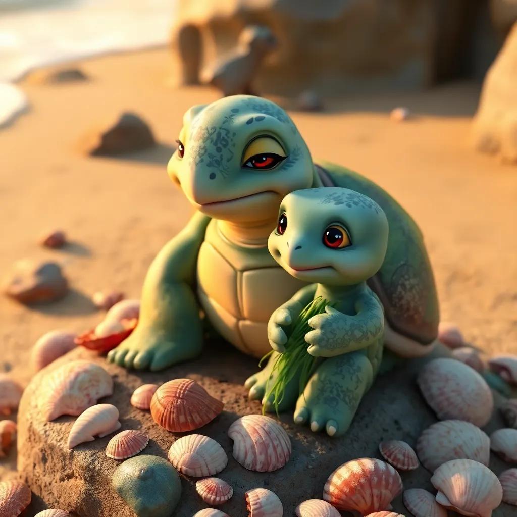 A wise old turtle named Tina, sitting on a rock by the beach, surrounding by seashells, smiling gently at Paco while holding seaweed, detailed digital art, warm tones, inviting environment, close-up perspective