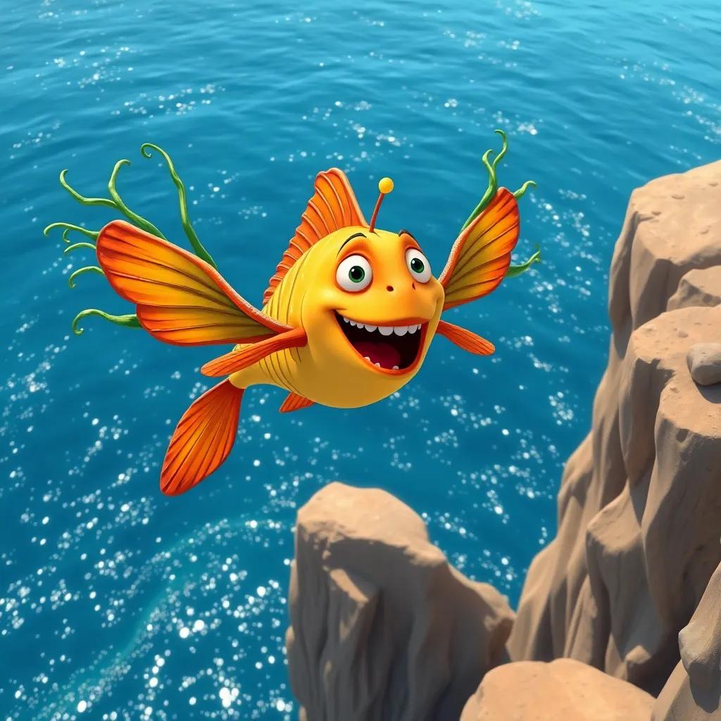Paco, the fish, wearing wings made of seaweed and shells, ready to jump from a cliff into the air, the ocean sparkling below, illustration, excited mood, bright colors, dynamic perspective, high quality