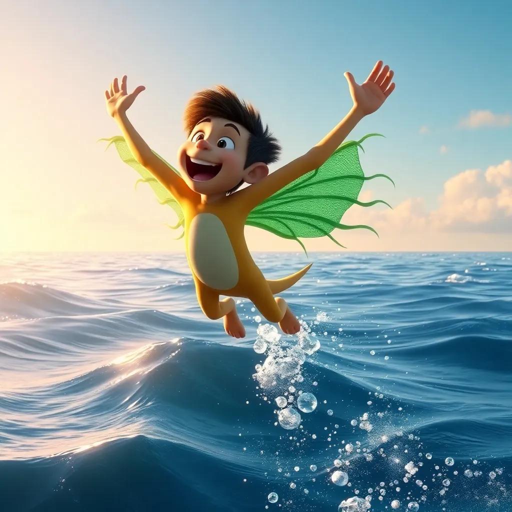 Paco jumping into the air, with the wind catching his seaweed wings, feeling a moment of flight above the shimmering water, joyful expression, digital painting, uplifting scene, bright light, high quality