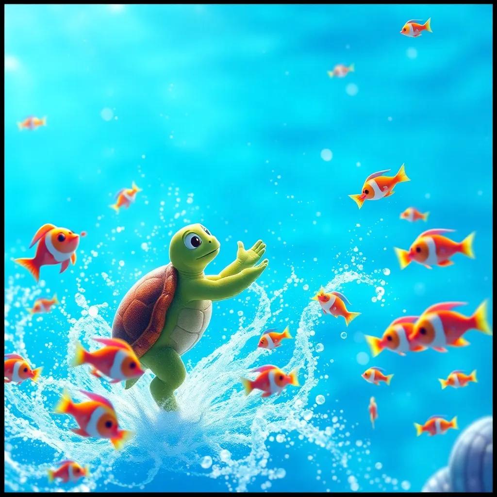 Tina, the turtle, encouraging Paco after his jump, both surrounded by sparkling water, with playful fish swimming around them, heartwarming moment, colorful, vibrant energy, bright sunny day, high quality