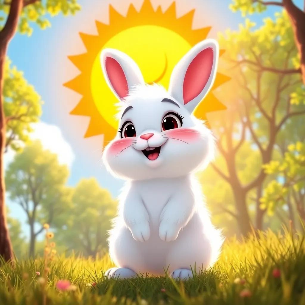 A bright sun with a warm smile, shining down on a small rabbit named Rayo, fluffy white fur shaking with joy, in a sunny glade surrounded by trees, digital art, cheerful, warm light, friendly mood, high quality