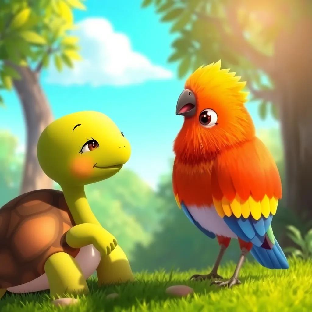 Tina the turtle, gently talking to a colorful bird named Pío, with soft feathers, under a bright blue sky, in a lush green forest, illustration, warm colors, cheerful scene, high quality