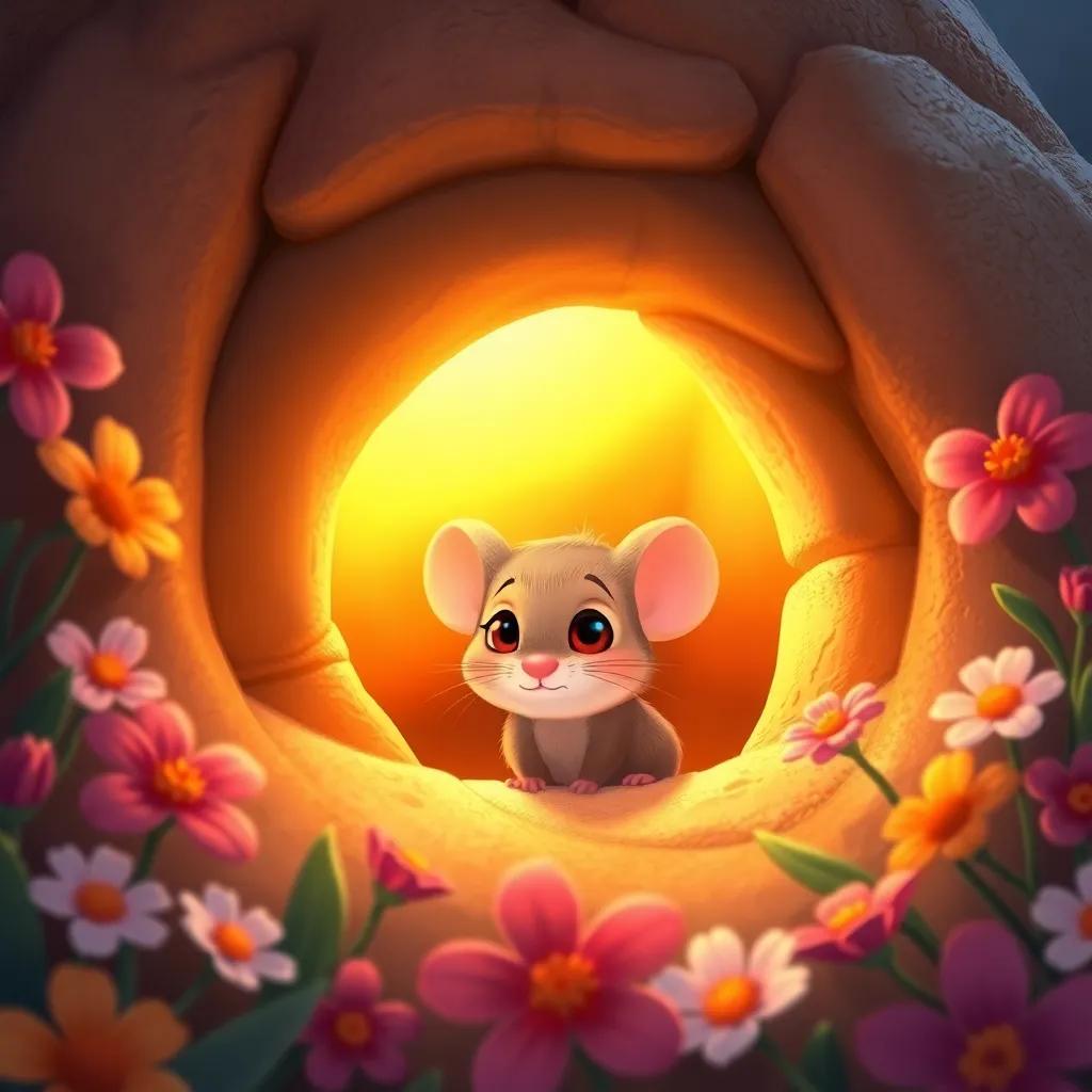 Tina and the sun illuminating a little mouse named Bibi, small and timid, with a worried face, peeking out of a cozy burrow, surrounded by vibrant flowers, digital painting, warm light, uplifting, high quality