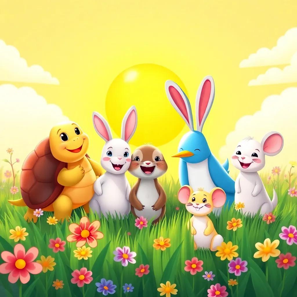A group of happy animals including a turtle, a sun, a rabbit, a bird, and a mouse, all smiling together in a sunny meadow, colorful flowers around, celebrating friendship, illustration, joyful scene, bright colors, high quality