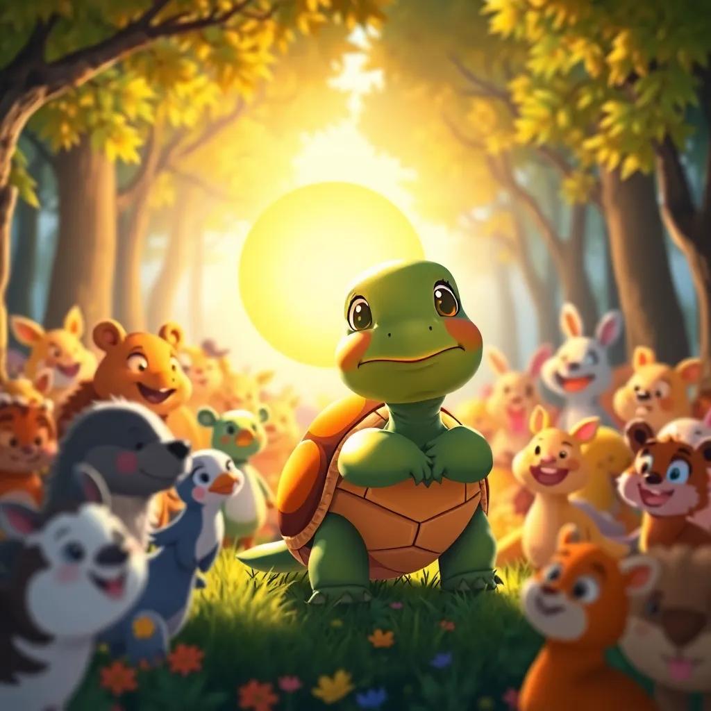 A heartwarming image of Tina the turtle and the sun shining brightly together, surrounded by a forest full of happy animals, colorful and inviting atmosphere, digital art, detailed, community feeling, high quality