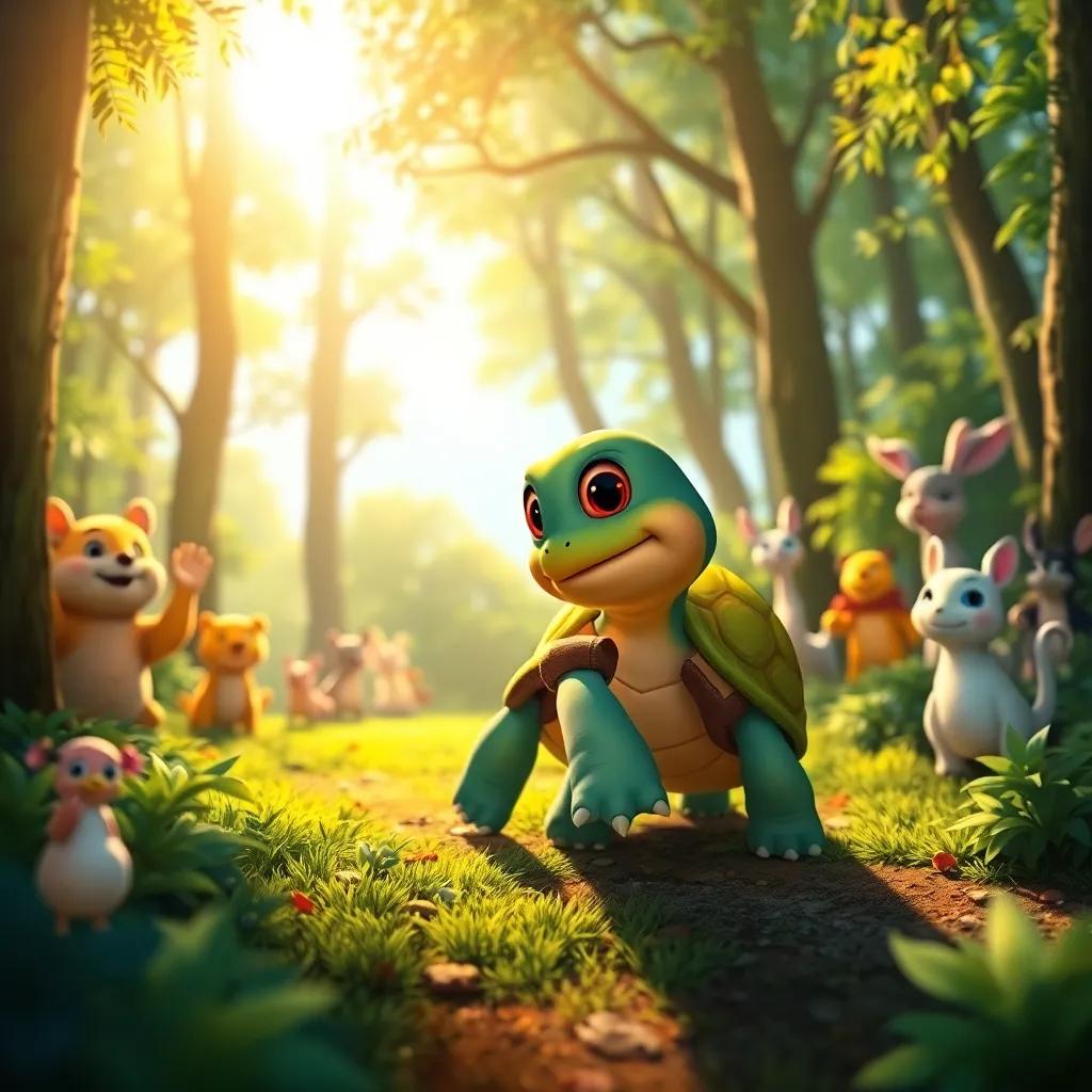 Tina the turtle slowly moving through the forest with the sun shining above, bright colors of nature around her, animals waving and smiling, digital painting, cheerful and vibrant atmosphere, high quality