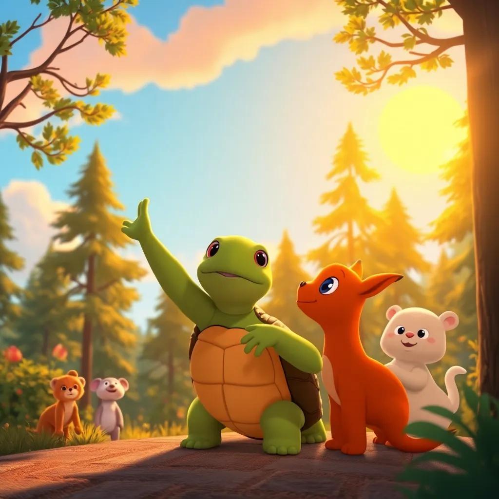 A scene showing the sun rising in the sky while Tina the turtle waves goodbye to her animal friends, the forest glowing with warmth, cheerful colors, heartwarming, digital art, high quality