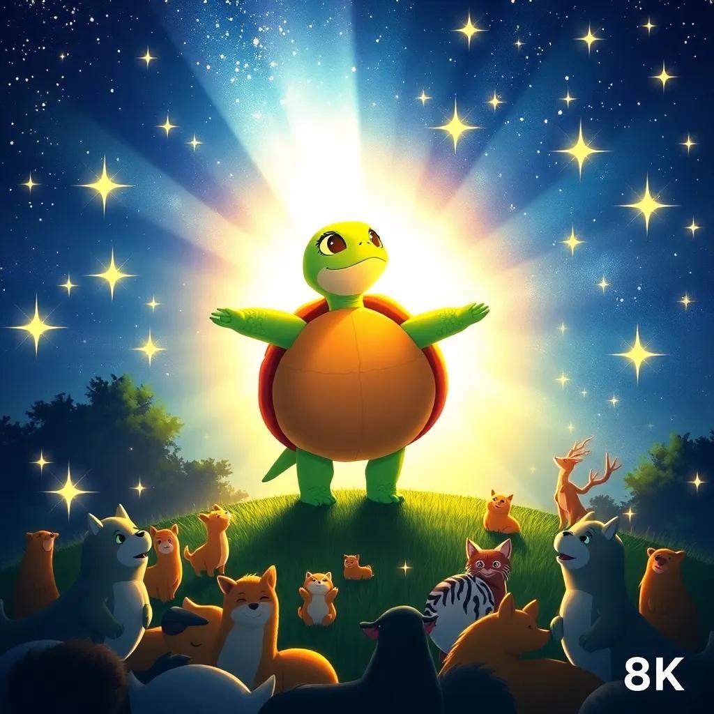 Tina the turtle and the sun as bright figures, surrounded by twinkling stars, radiating light, with the animals below celebrating in a beautiful night scene, illustration, magical feeling, high quality