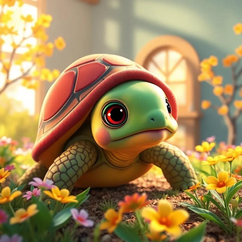 Tina, una tortuga con un caparazón de colores vivos, despertando en su hogar de primavera lleno de flores brillantes y árboles, digital art, sunny, cheerful, bright colors, warm ambiance, high quality