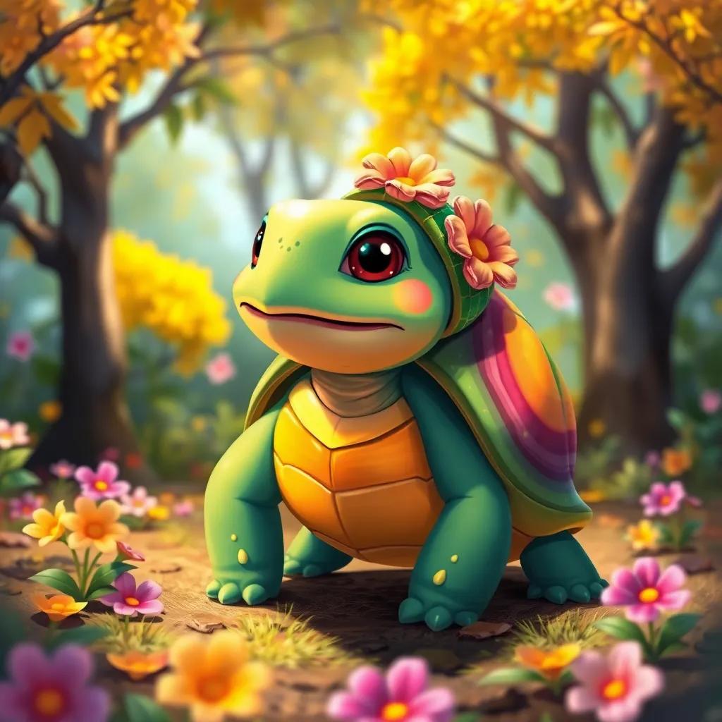 Tina, una tortuga con un caparazón de colores vivos, haciendo estiramientos en el bosque con un fondo de árboles y flores, digital painting, vibrant, energetic, sunny atmosphere, cheerful details, high quality