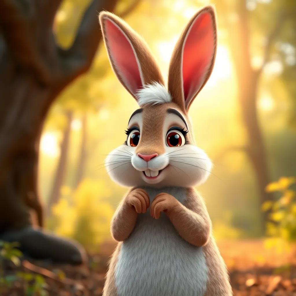 Un conejo llamado Ruso, con orejas largas y pelaje blanco, riéndose de Tina en un fondo del bosque durante el día, digital art, vibrant colors, playful, inviting atmosphere, humorous tone, high quality