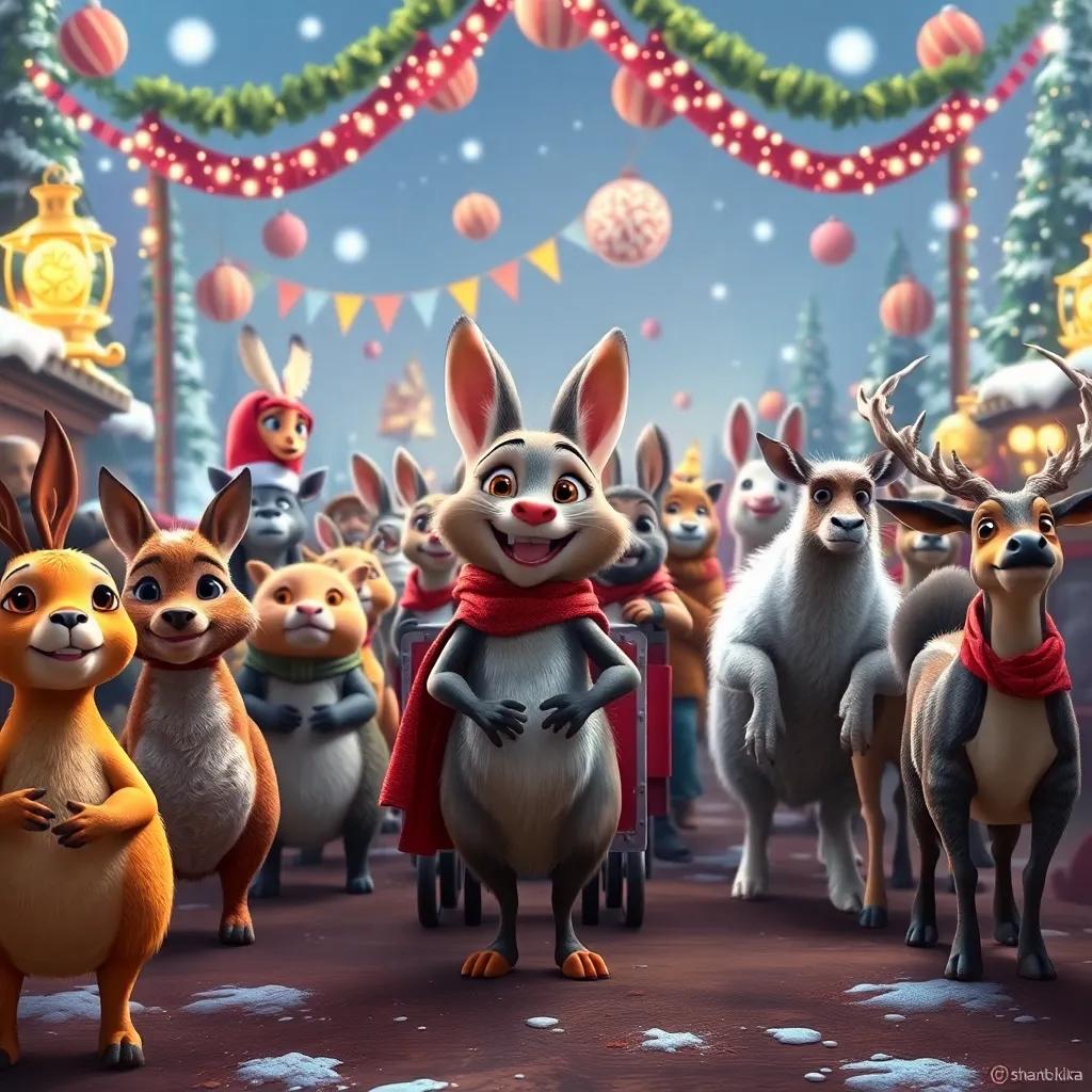 Todos los animales en la línea de salida de la carrera, incluyendo a Tina, el conejo Ruso, ardillas y ciervos, digital painting, energetic, colorful, festive atmosphere, exciting details, high quality
