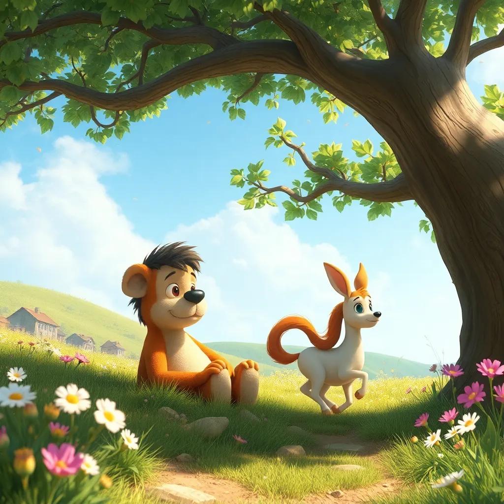 Ruso descansando bajo un árbol mientras Tina sigue avanzando lentamente en un paisaje de primavera lleno de flores y animales, digital art, serene, sunny colors, peaceful atmosphere, high quality
