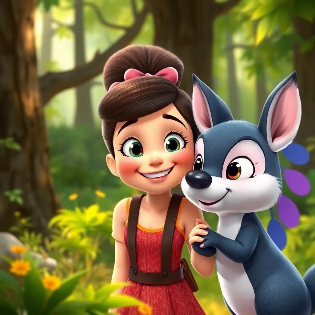Tina, con una gran sonrisa, haciendo nuevos amigos en el bosque: Sofía la ardilla y Daniel el ciervo, digital painting, friendly, joyful, colorful, heartwarming atmosphere, high quality