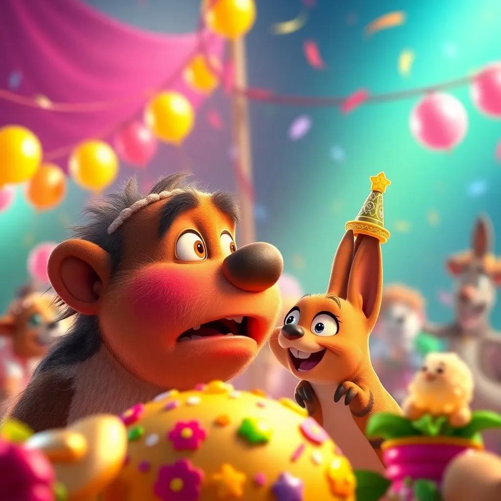 Ruso sorprendido al ver a Tina muy cerca de la meta, con otros animales animándola, en un ambiente vibrante de celebración, digital art, colorful, vibrant, joyous atmosphere, high quality