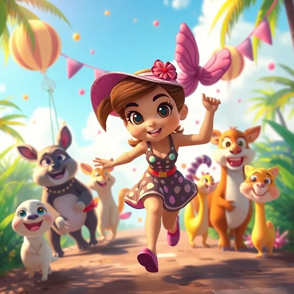 Tina cruzando la línea de llegada, rodeada de animales felices animándola, en un ambiente festivo y de celebración de verano, digital painting, cheerful, bright atmosphere, captivating details, high quality