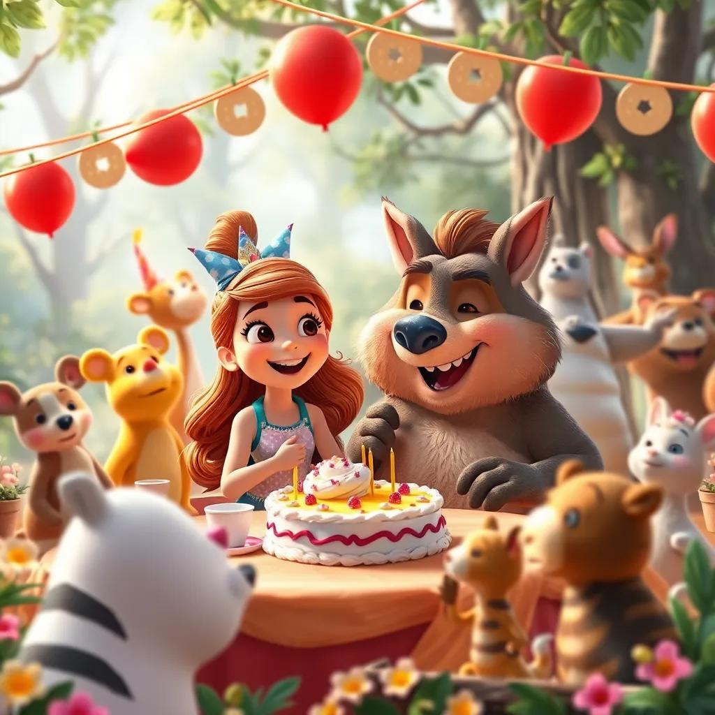 Una gran fiesta en el bosque con Tina y Ruso, con pasteles, juegos y flores, todos los animales celebrando juntos, digital art, vibrant, fun, joyful atmosphere, high quality