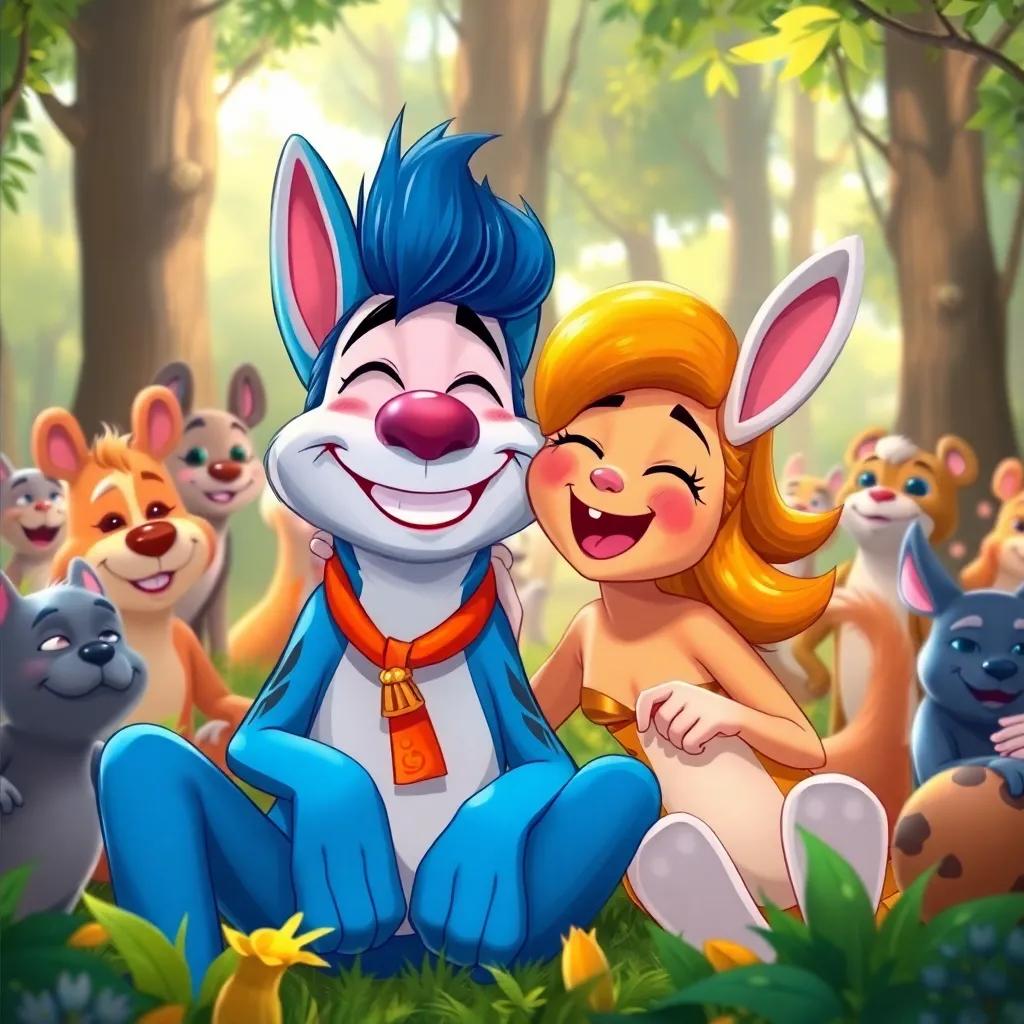 Tina y Ruso sonriendo y disfrutando, rodeados de amigos en el bosque, con un tono alegre y colorido, digital painting, joyful, bright colors, celebrating friendship, high quality