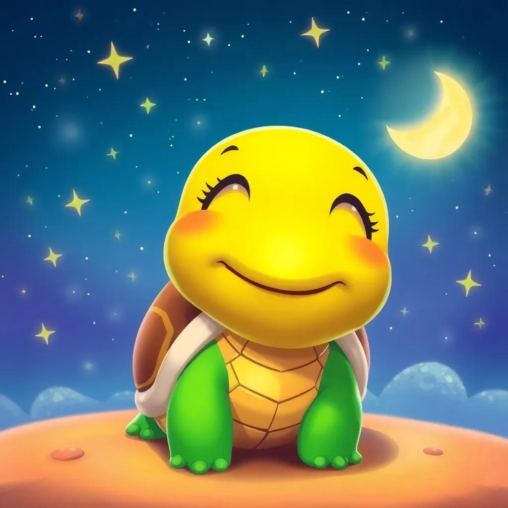 A cheerful turtle, Tula, with a big smile, dreaming under a starry night sky, surrounded by twinkling stars and a glowing moon, digital art, colorful, bright atmosphere, high quality