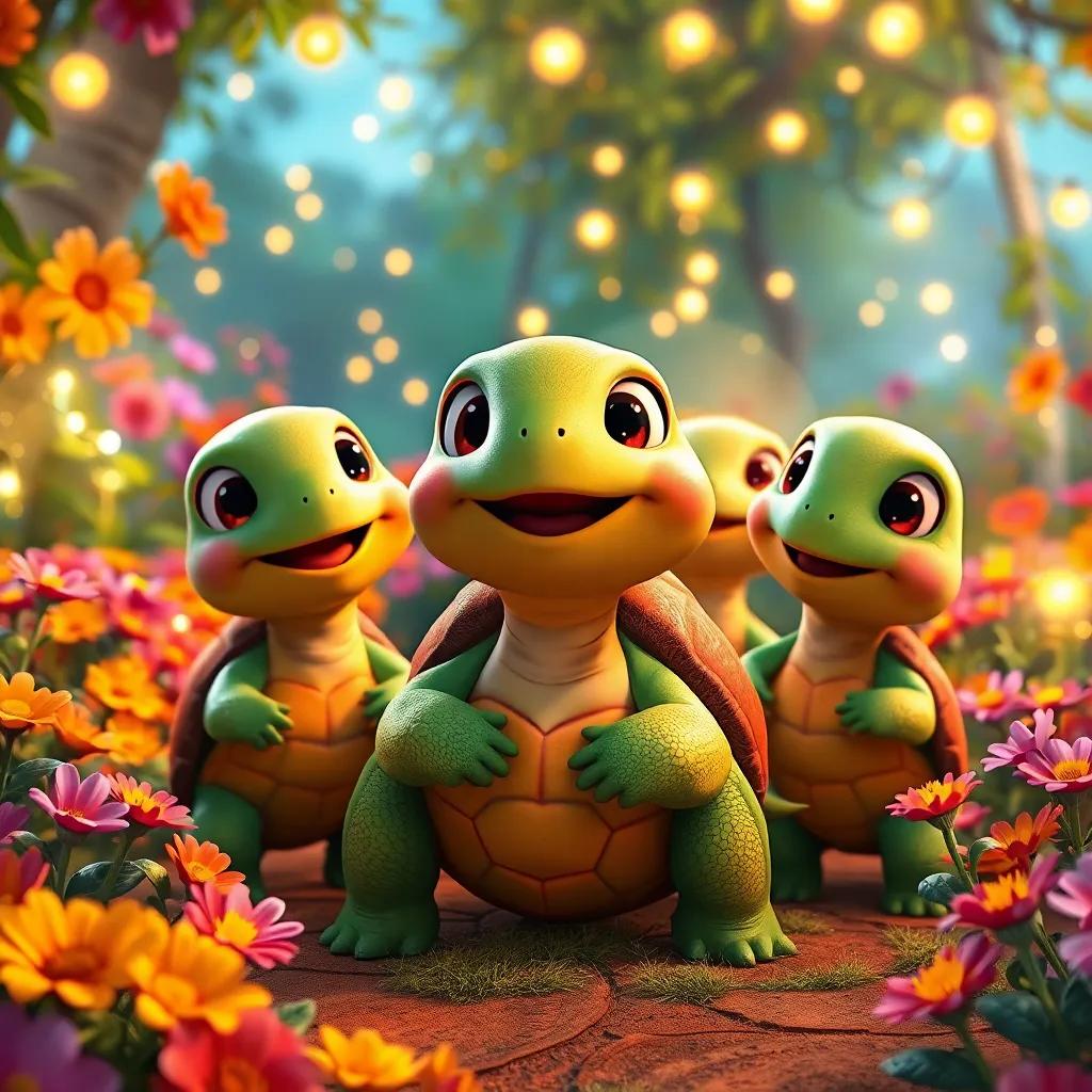 Tula, a happy turtle, gathering her friends in a vibrant garden filled with flowers and fairy lights, excited looks on their faces, digital art, cheerful, festive ambiance, high detail
