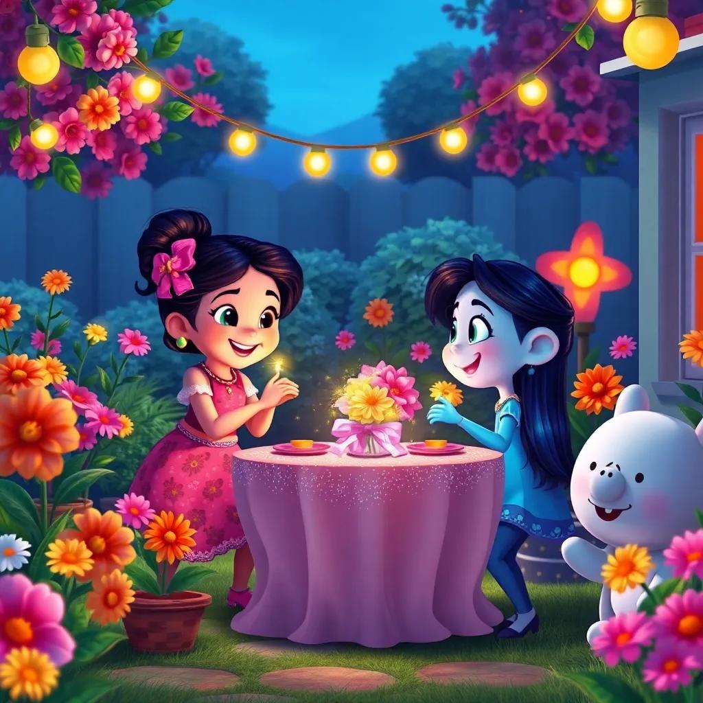 Tula and Luz decorating the garden with flowers, lights, and a sparkling table, all their friends helping, joyful expressions, digital painting, bright and colorful, heartwarming scene