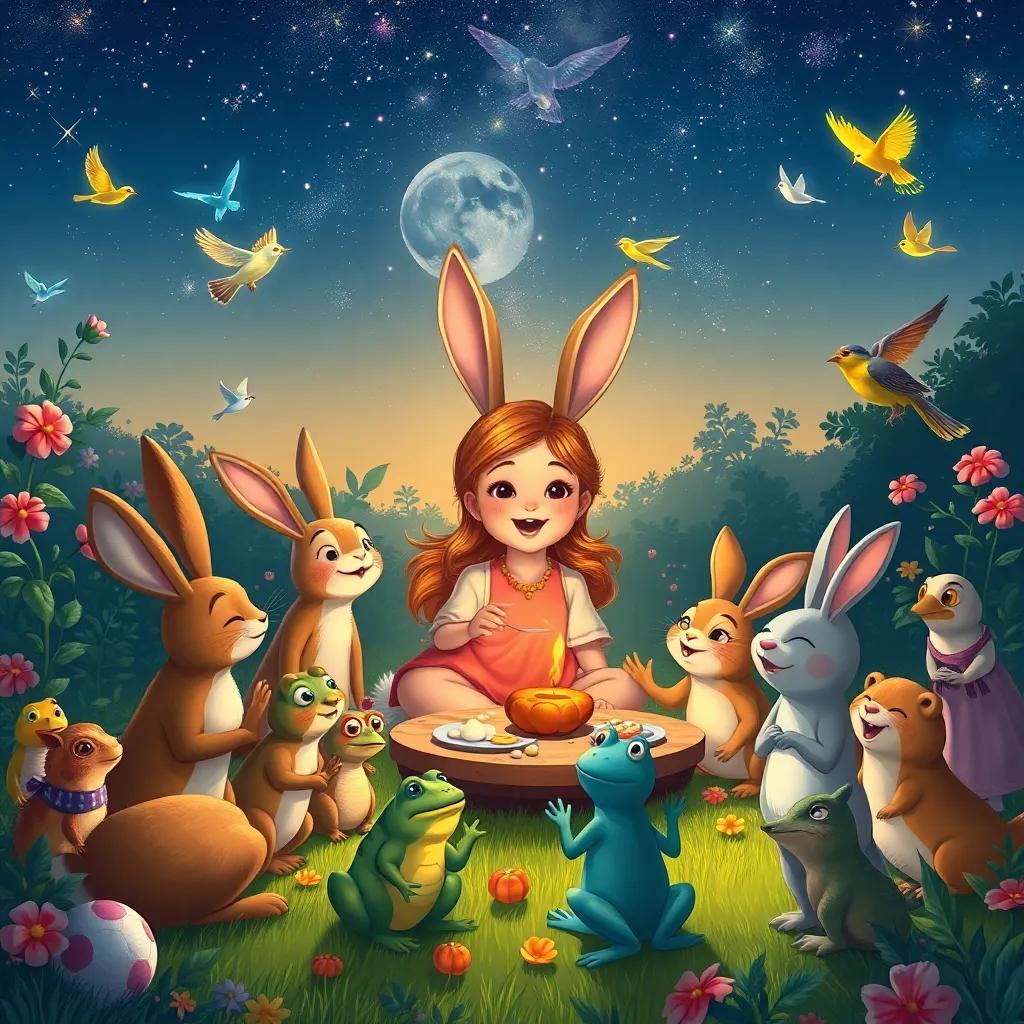 Animals gathered around Tula in the garden, celebrating with food and laughter, rabbits, frogs, and birds, under a beautiful, starry sky, lively, happy atmosphere, detailed illustration