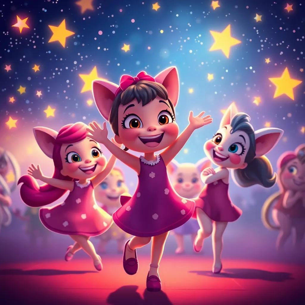 Tula and her friends dancing under the stars, with lights shimmering, enjoying the party atmosphere, stars twinkling brightly, cheerful and joyous scene, digital art, vibrant and lively