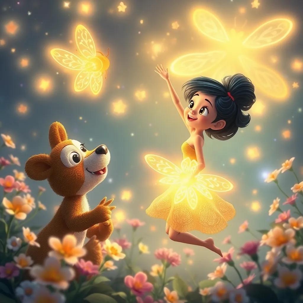 Luz the firefly flying above, creating glowing patterns in the air while the animals dance, with blooming flowers all around, exciting and magical feeling, high quality