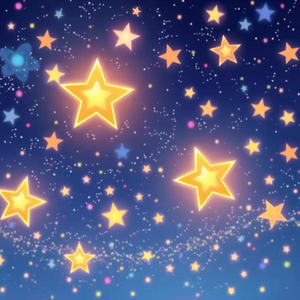 Stars in the sky dazzling and twirling, looking like they are dancing along with the party, colorful and enchanting, illustration, dreamlike scene, bright and joyful