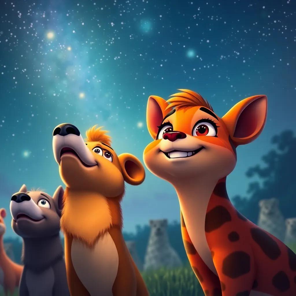 Animals gazing in awe at the stars, Tula smiling widely, feeling content under the night sky, beautiful colors blending together, warm and inviting atmosphere, digital painting